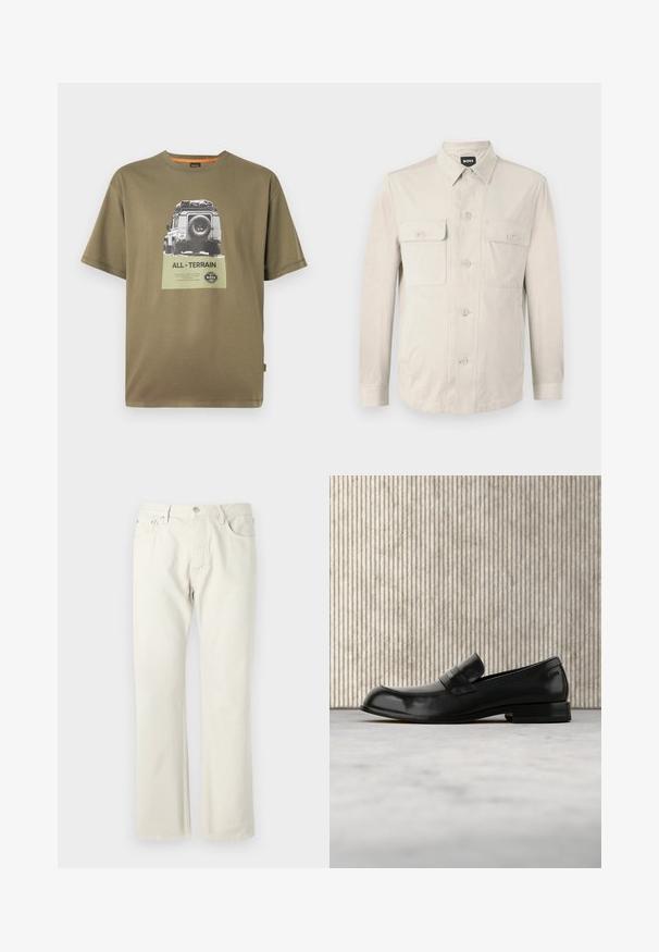 Chemise boutonnée beige clair à manches longues, avec deux poches avant et un col classique. Fabriquée en tissu lisse avec une coupe décontractée.; T-shirt en coton vert à manches courtes, arborant un imprimé graphique d'un véhicule avec le texte "TOUT-TERRAIN" sur un patch carré.; Jean droit en denim léger beige, fabriqué en coton. Comprend des poches, une fermeture à bouton classique, et une texture subtile sans motifs.; Mocassin en cuir noir avec un accent métallique, présenté en lévitation au-dessus d'un tapis beige, avec une table ronde de couleur ambre en arrière-plan.
