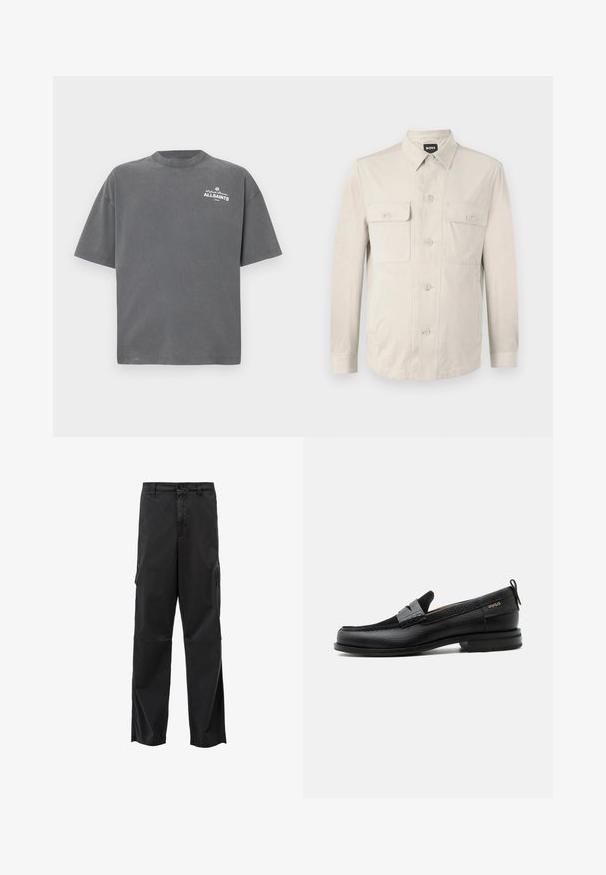 Lys beige skjorte med lange ærmer, to frontlommer og klassisk krave. Fremstillet af glat stof med en afslappet pasform.; Mørkegrå T-shirt med korte ærmer og rund hals med lille hvid "ALLSAINTS"-logo på øverste venstre bryst.; Sorte cargo bukser med lige skæring, knaplukning og sidelommer. Glat stof med mat finish og uden synlige mønstre.; Sort læderloafer med grå remdetalje, lav hæl og tekstureret sål, mærket med "HUGO" i guld på siden.