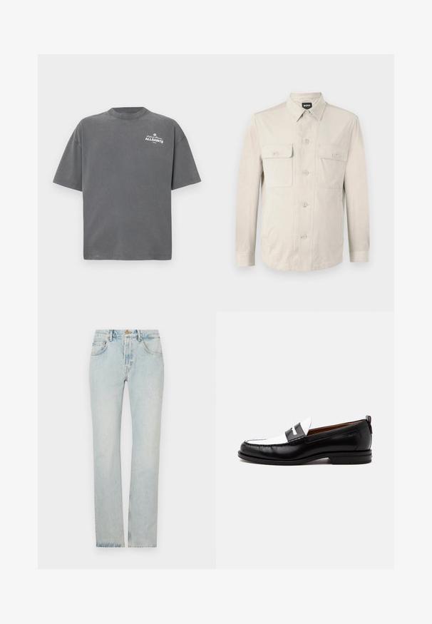 Camisa abotonada beige claro con mangas largas, dos bolsillos frontales y collar clásico. Hecha de una tela suave con un ajuste relajado.; Camiseta de manga corta de color gris oscuro con cuello redondo y pequeño logo blanco "ALLSAINTS" en la parte superior izquierda del pecho.; Jeans de denim azul claro con corte recto, diseño de cinco bolsillos y cremallera. La tela presenta un ligero desgaste para un aspecto usado.; Mocasín de cuero blanco y negro con detalles cosidos, tacón bajo y diseño tipo slip-on, mostrado de lado sobre un fondo liso.
