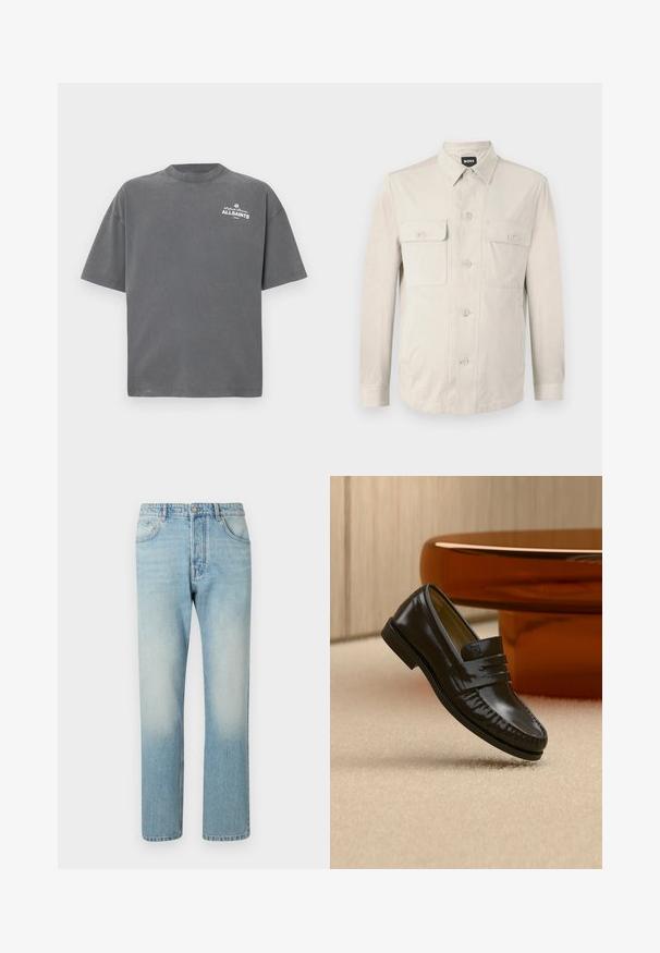 Camisa abotonada beige claro con mangas largas, dos bolsillos frontales y collar clásico. Hecha de una tela suave con un ajuste relajado.; Camiseta de manga corta de color gris oscuro con cuello redondo y pequeño logo blanco "ALLSAINTS" en la parte superior izquierda del pecho.; Jeans de color azul claro hechos de denim, con un diseño de pierna recta, estructura de cinco bolsillos y efecto de lavado desgastado en los muslos.; Mocasín de cuero negro brillante con detalle de correa, colocado sobre una alfombra beige cerca de una mesa de café redonda marrón en una habitación con iluminación suave.
