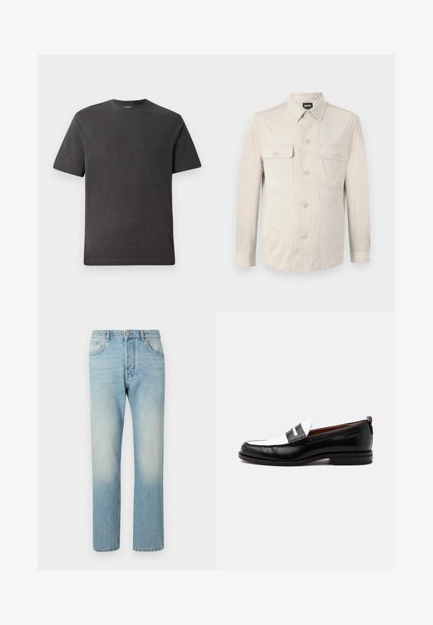 Chemise boutonnée beige clair à manches longues, avec deux poches avant et un col classique. Fabriquée en tissu lisse avec une coupe décontractée.; T-shirt gris à manches courtes en tissu doux et léger, avec un col rond et des coutures minimales. Convient pour une tenue décontractée.; Jeans bleu clair fabriqués en denim, présentant un design à jambe droite, une structure à cinq poches et un effet délavé au niveau des cuisses.; Mocassin en cuir noir et blanc avec des détails cousus, un petit talon et un design slip-on, présenté de profil sur un fond uni.