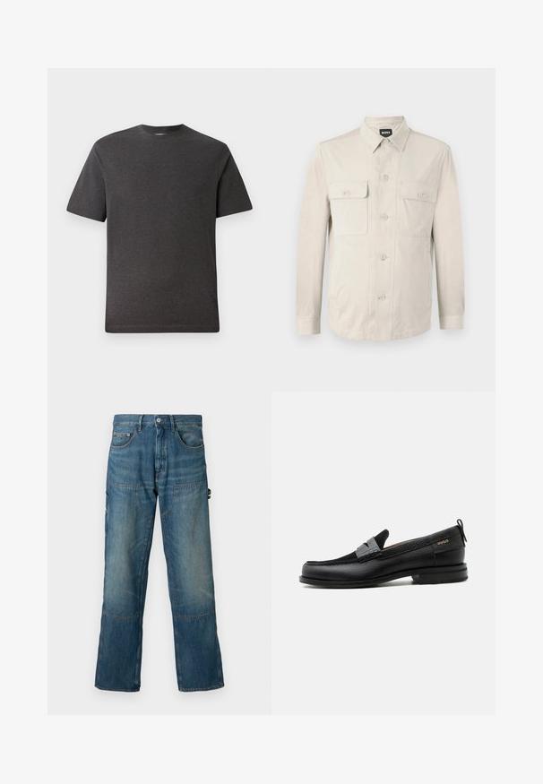 Camisa abotonada beige claro con mangas largas, dos bolsillos frontales y collar clásico. Hecha de una tela suave con un ajuste relajado.; Camiseta de manga corta gris, hecha de una tela suave y ligera, con cuello redondo y costuras mínimas. Apta para uso casual.; Jeans de mezclilla en un tono azul medio, con un corte relajado, bolsillos delanteros y costuras en contraste. Incluye detalles de panel en las piernas.; Mocasín de cuero negro con detalle de tira gris, tacón bajo y suela texturizada, con la marca "HUGO" en oro en el lateral.
