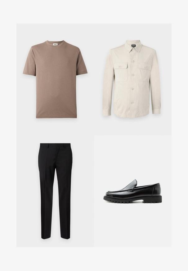Chemise boutonnée beige clair à manches longues, avec deux poches avant et un col classique. Fabriquée en tissu lisse avec une coupe décontractée.; T-shirt en coton brun avec un col rond et des manches courtes. Texture lisse, design simple et ourlet droit. Pas de motifs ni d'ornements visibles.; Pantalons noirs ajustés en tissu lisse, présentant une jambe droite, des détails de pli raffinés et une taille classique avec passants de ceinture.; Mocassin en cuir noir avec semelle en caoutchouc épaisse, dessus cousu et nom de marque embossé sur le talon, présenté de profil sur fond blanc.