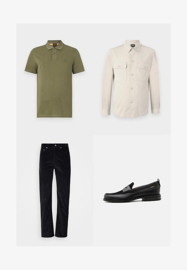 Lys beige skjorte med lange ærmer, to frontlommer og klassisk krave. Fremstillet af glat stof med en afslappet pasform.; Oliven grøn polo shirt lavet af bomuld, med en knapstolpe med tre knapper, korte ærmer og et lille logo-patch på brystet.; Sorte fløjlsbukser med lige ben. Har en knaplukning og fem lomme-stil. Tekstureret ribbet stof.; Sort læderloafer med grå remdetalje, lav hæl og tekstureret sål, mærket med "HUGO" i guld på siden.