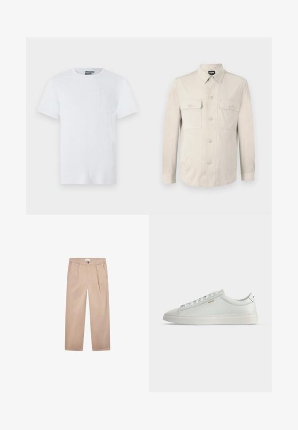 Hellbeige Hemd mit langen Ärmeln, zwei vorderen Taschen und klassischem Kragen. Aus glattem Stoff und in lockerer Passform.; Weißes Baumwoll-T-Shirt mit kurzen Ärmeln, Rundhalsausschnitt und einer kleinen Brusttasche. Weicher Stoff und minimalistisches Design.; Khaaki-Hosen aus Baumwolle mit geradem Bein, ausgestattet mit zwei Vordertaschen, einem Knopfverschluss und einer klassischen Passform.; Weißer Leder-Sneaker in niedriger Ausführung mit Schnürsenkeln, flacher Sohle und kleinem goldfarbenem "BOSS" Logo an der Seite, von der Außenseite betrachtet.