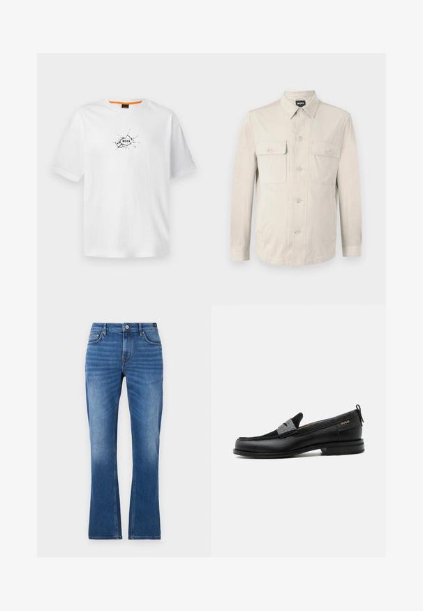 Lichtbeige overhemd met lange mouwen, twee voorkruiden en een klassieke kraag. Gemaakt van een zachte stof met een relaxte pasvorm.; Witte katoenen t-shirt met een ronde hals, voorzien van een zwart gebarsten ontwerp en het woord "BOSS" in het midden. Korte mouwen.; Jeans met uitlopende pijpen in medium blauw. Heeft een vijfzakkenontwerp, stikselaccenten, een knoopsluiting en een licht vervaagde textuur op de benen.; Zwarte leren loafer met grijs riemdetailelement, lage hak en gestructureerde zool, aan de zijkant gebrandmerkt met "HUGO" in goud.