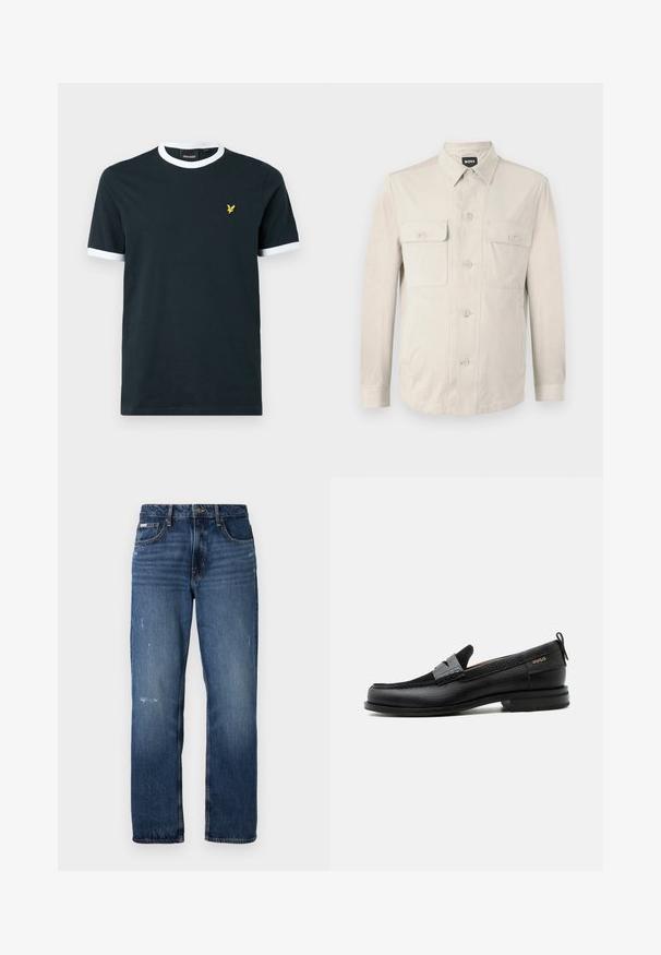 Chemise boutonnée beige clair à manches longues, avec deux poches avant et un col classique. Fabriquée en tissu lisse avec une coupe décontractée.; T-shirt en coton bleu marine avec col et bords de manches en rigide blanc. Présente un petit logo brodé jaune sur la poitrine gauche.; Jeans en denim bleu avec une coupe droite. Présente des zones décolorées et un léger effet usé à l'avant, avec une fermeture classique à boutons.; Mocassin en cuir noir avec détail de bride grise, talon bas et semelle texturée, marqué "HUGO" en or sur le côté.