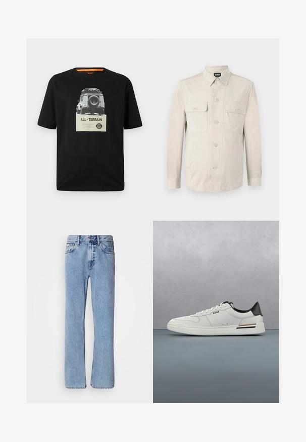 Lys beige skjorte med lange ærmer, to frontlommer og klassisk krave. Fremstillet af glat stof med en afslappet pasform.; Sort bomulds T-shirt med rund hals, der har et grafisk print af et klassisk køretøj og teksten "ALL - TERRAIN" på brystet.; Lyseblå denimjeans med lige ben design, fem lommer og knaplukning. Syninger nær lommer og talje.; Hvide lavtoppede sneakers med sort hæl, snørebånds lukning, subtile perforeringer og "BOSS" logo på siden, vist fra ydersiden i profil.