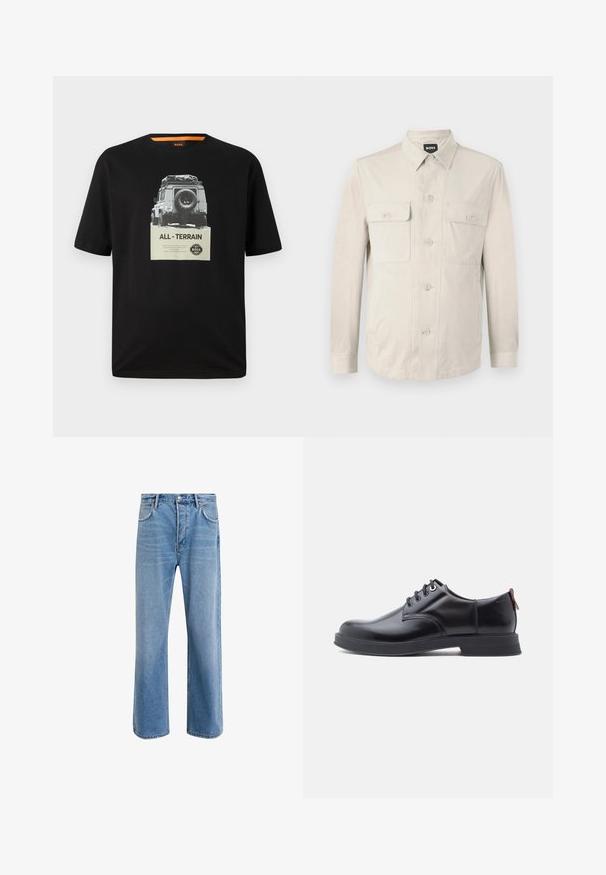 Lys beige skjorte med lange ærmer, to frontlommer og klassisk krave. Fremstillet af glat stof med en afslappet pasform.; Sort bomulds T-shirt med rund hals, der har et grafisk print af et klassisk køretøj og teksten "ALL - TERRAIN" på brystet.; Lyseblå denim jeans med lige ben-design, fem lommer, knaplukning, minimal falming og kontraststingdetaljer.; Sorte snørestøvler i læder med glat tekstur, rundet tå og diskrete syningsdetaljer. Har en rød trækflig på hælen.