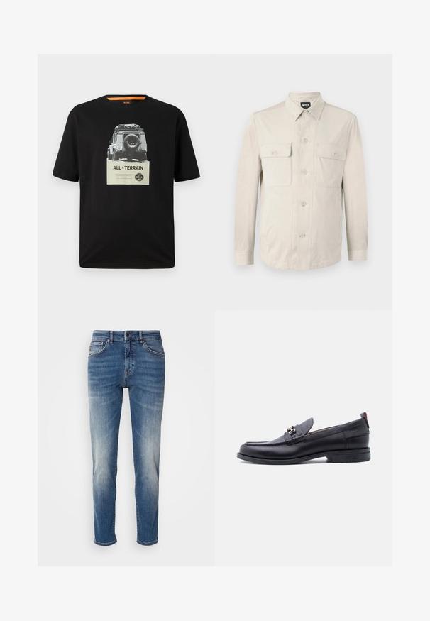 Lys beige skjorte med lange ærmer, to frontlommer og klassisk krave. Fremstillet af glat stof med en afslappet pasform.; Sort bomulds T-shirt med rund hals, der har et grafisk print af et klassisk køretøj og teksten "ALL - TERRAIN" på brystet.; Blå denimjeans med lige ben, let falmet finish, klassisk fem-lomme-design og lynlås med knaplukning.; Sort lædermokasin med grå tekstureret forfod, sølvfarvet metalspænde, lav hæl og trækflap bagpå.