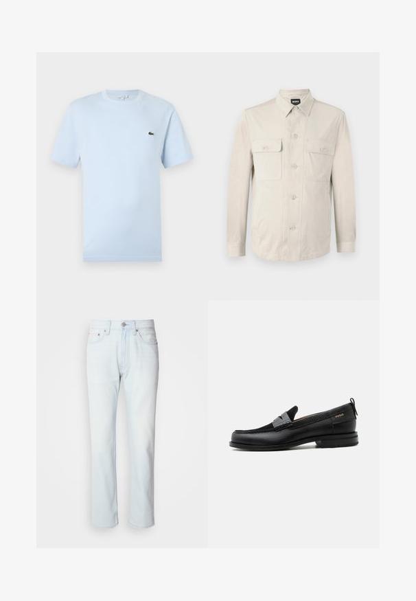 Hellbeige Hemd mit langen Ärmeln, zwei vorderen Taschen und klassischem Kragen. Aus glattem Stoff und in lockerer Passform.; Helles blaues T-Shirt mit kurzen Ärmeln aus weichem Baumwollmaterial. Verfügt über ein kleines grünes gesticktes Krokodil-Logo auf der Brust.; Hellblaue Jeans mit geradem Bein. Verfügt über einen Knopfverschluss und Gürtelschlaufen, präsentiert eine ausgebleichte Textur und minimale Nähte.; Schwarzer Lederloafer mit grauem Riemendetail, niedrigem Absatz und strukturierter Sohle, seitlich mit „HUGO“ in Gold gebrandmarkt.