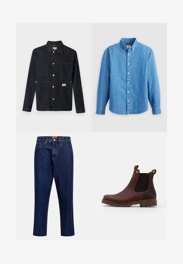 Mørk denimjakke med krave, fem guldknapper med tryk, tre forlommer og et lille mærkelogo på den nederste højre lomme.; Lyseblå denimskjorte med lange ærmer, knap-ned krave og hvide knapper. Har et lille broderet logo på brystet.; Mørkeblå denimjeans med lige snit, høj talje, fem lommer og frynset kant. Kontrastsyning og detalje med knaplukning.; Brune læder Chelsea støvle med elastiske sider, rund tå, trækstrop og struktureret gummisål, prydet med syninger og et logo.