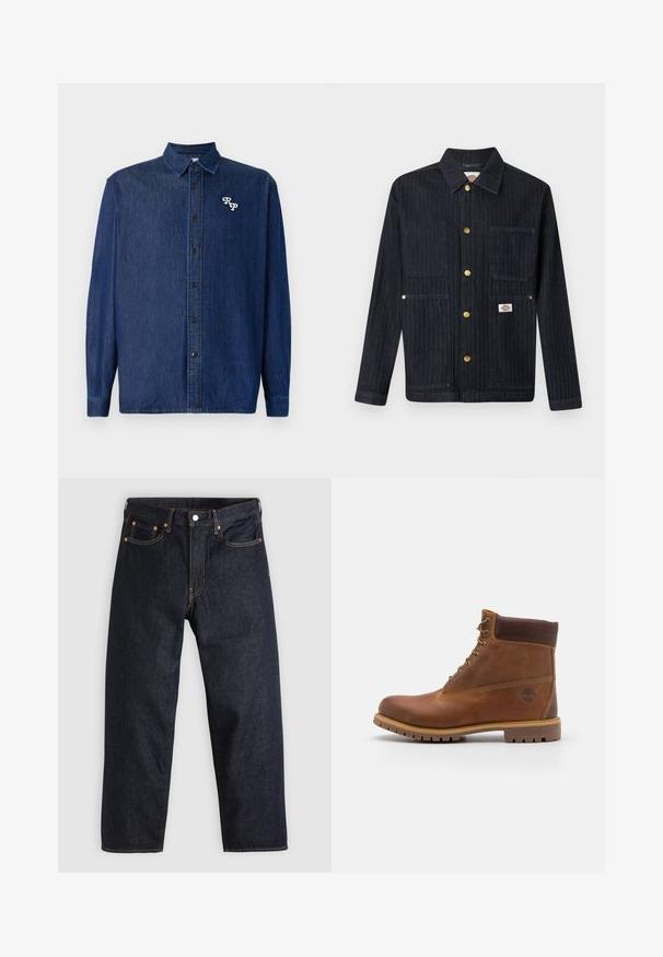Mørk denimjakke med krave, fem guldknapper med tryk, tre forlommer og et lille mærkelogo på den nederste højre lomme.; Mørkeblå denimskjorte med knappelukning foran, lange ærmer og spids krave. Har en hvid broderet "RP"-logo.; Mørkeblå denimjeans med lige pasform, fem lommer, kontrasterende orange syning og knaplukning. Ingen synlige mønstre eller udsmykninger.; Brun læder vandrestøvle med en glat finish, polstret ankel, metalliske snørehuller og en gummisål med et robust dækmønster.