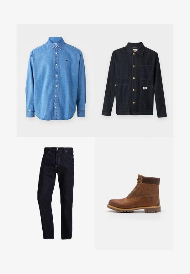 Mørk denimjakke med krave, fem guldknapper med tryk, tre forlommer og et lille mærkelogo på den nederste højre lomme.; Denim button-down skjorte, lyseblå i farven, med krave, lange ærmer og et lille logo på brystet. Har hvide knapper og syninger.; Mørkeblå denim jeans med lige pasform, med gul syning, fem lommer og en klassisk knap- og lynlås lukning.; Brun læder vandrestøvle med en glat finish, polstret ankel, metalliske snørehuller og en gummisål med et robust dækmønster.