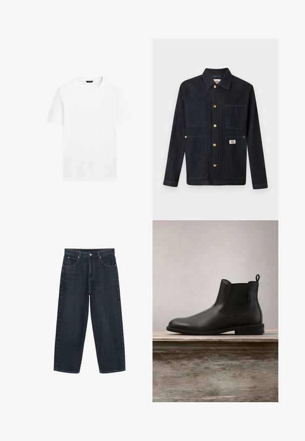 Veste en denim foncé avec col, cinq boutons-pression dorés, trois poches avant et un petit logo de la marque sur la poche inférieure droite.; T-shirt en coton blanc avec un col rond, des manches courtes et une coupe droite. Présente une texture lisse et légère, sans motifs visibles.; Jean large à jambes larges bleu foncé avec poches avant, fermeture à boutons, et petites décorations en forme d'étoiles le long des coutures extérieures des deux jambes.; Botte de cheville en cuir noir avec une texture lisse, bout arrondi, panneaux latéraux élastiques et languette, posée sur une surface en bois.