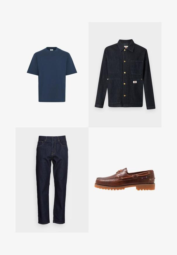 Chaqueta de mezclilla oscura con cuello, cinco botones a presión dorados, tres bolsillos delanteros y un pequeño logo de la marca en el bolsillo inferior derecho.; Camiseta de algodón azul marino con cuello redondo, mangas cortas y dobladillo recto. Presenta una pequeña etiqueta de la marca en la parte inferior izquierda.; Vaqueros de mezclilla azul oscuro con corte recto, cinco bolsillos y costuras amarillas en contraste. Diseñados con un cierre clásico de botón y cremallera.; Zapato de barco de cuero marrón con suela de goma, ojales para cordones y parte superior cosida, con un patrón elevado y texturizado en la puntera.