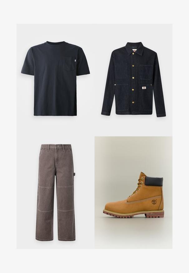Dunkle Denimjacke mit Kragen, fünf goldenen Druckknöpfen, drei Vordertaschen und einem kleinen Markenlogo auf der unteren rechten Tasche.; Dunkelblaues Baumwoll-T-Shirt mit rundem Ausschnitt und kurzen Ärmeln. Enthält eine einzelne Brusttasche und ein gerades Saumdesign.; Weite Hosen in einem verblassten Braunton, aus strapazierfähigem Stoff mit kontrastierenden Nähten. Mit Paneeldetails und einer Seitentasche.; Brauner Leder-Stiefelette mit schwarzem Kragen, gelben Schnürsenkeln und hellbrauner Sohle. Verfügt über ein Logo und weiße Ziernähe. Robuste Profilsohle.