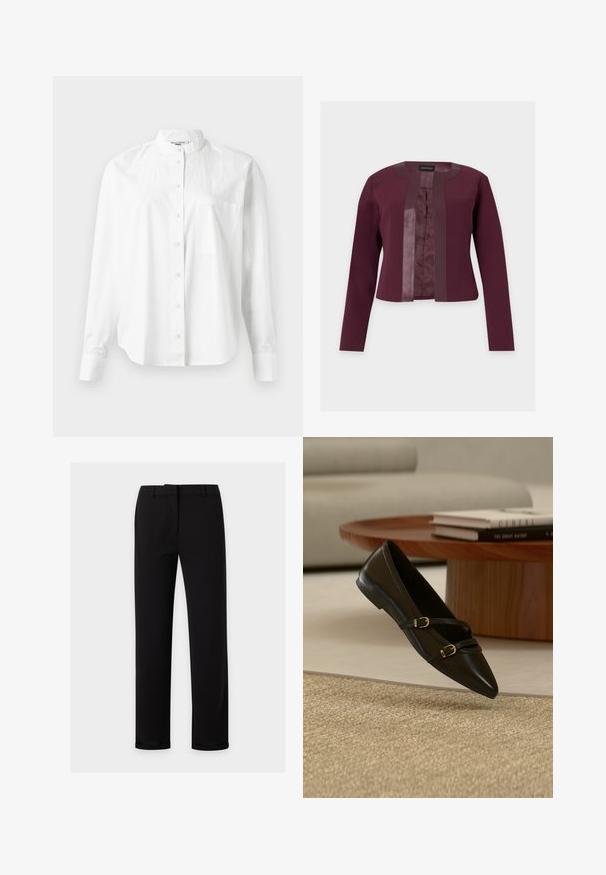 Bordeaux cropped jasje met lange mouwen, open voorkant en satijnen bies langs de kraag en voorranden. Geen knopen of sluitingen zichtbaar.; Witte lange mouw shirts met een bandkraag, voorzien van een knoopsluiting aan de voorkant en een borstzak. Gemaakt van lichtgewicht stof met een soepele textuur.; Zwarte broek met rechte pijpen, riemlussen, voorrits en een gladde tailleband, weergegeven op een effen lichte achtergrond.; Zwarte platte schoen met puntige neus en twee dunne gespspanners die boven een beige tapijt zweven, met een houten salontafel en boeken op de achtergrond.