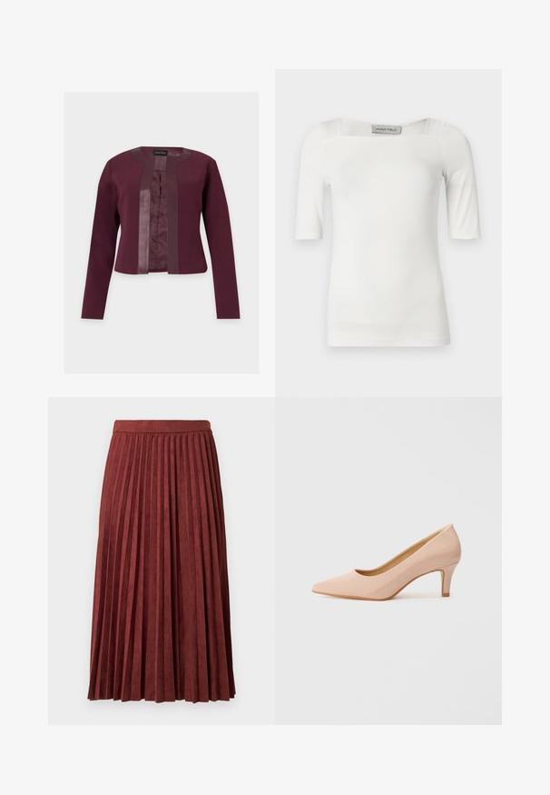 Bordeaux cropped jasje met lange mouwen, open voorkant en satijnen bies langs de kraag en voorranden. Geen knopen of sluitingen zichtbaar.; Wit T-shirt met korte mouwen en een vierkante halslijn, gemaakt van een gladde stof, met subtiele naaddetails op de schouders en zijkanten.; Bordeauxrode geplooide midi-rok gemaakt van zachte stof, met verticale plooien en een aansluitende tailleband. Gladde textuur met een effen kleur.; Puntige, gepatenteerde roze hoge hak met een lage hak, met een gladde, glanzende afwerking en een subtiele open V-vormige snit aan de voorkant.