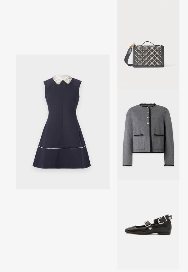 Cardigan en laine grise avec bordure noire, quatre boutons dorés sur le devant, deux poches avant et manches longues.; Robe bleu marine sans manches avec jupe évasée, col Claudine blanc orné et fine bordure blanche près de l'ourlet sur fond clair.; Ballerine en cuir verni noir avec un bout carré, sangle de cheville avec des détails en métal argenté et semelle plate. Texture lisse avec un design minimaliste.; Sac en cuir avec un extérieur bleu marine et un motif géométrique beige. Dispose d'une poignée supérieure, d'une sangle ajustable et de détails en métal doré.