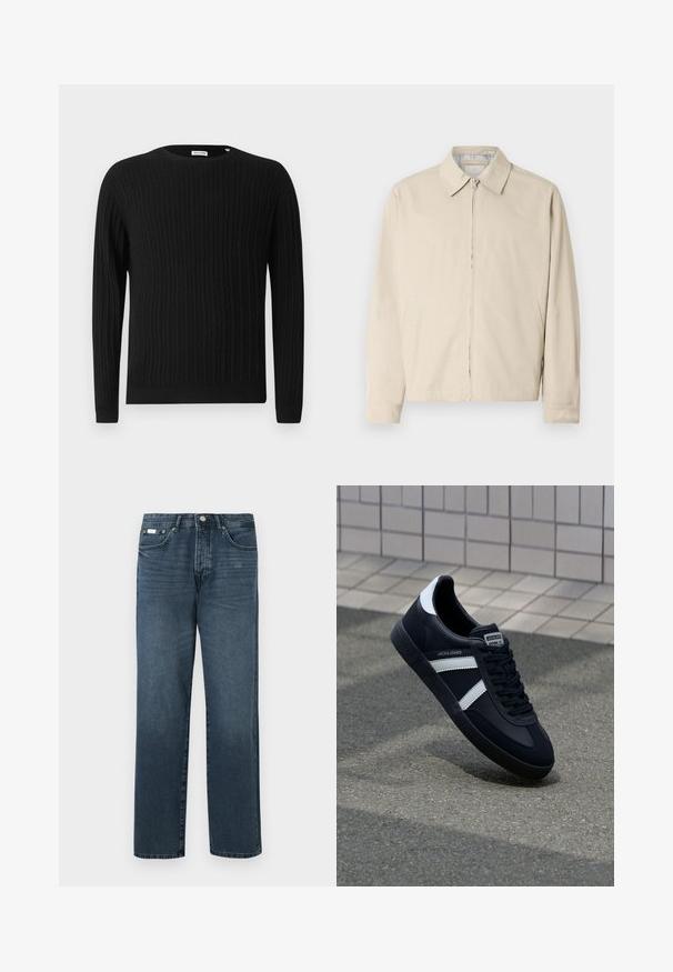 Beige letvægtsjakke med spidse krave, front lynlås lukning og sidelommer. Glat tekstur og enkelt design.; Sort kabelstrikket sweater med lange ærmer og rund halsudskæring. Har et struktureret mønster samt ribbede mansjetter og nederkant.; Mørkeblå denimbukser med lige pasform, fem lommer, bæltestropper og lynlås. Glat tekstur med subtile blegede detaljer.; Sort lædersneaker med hvide striber, tekstureret gummisål og snørrebånd foran. Har et brandet mærke på tungen.