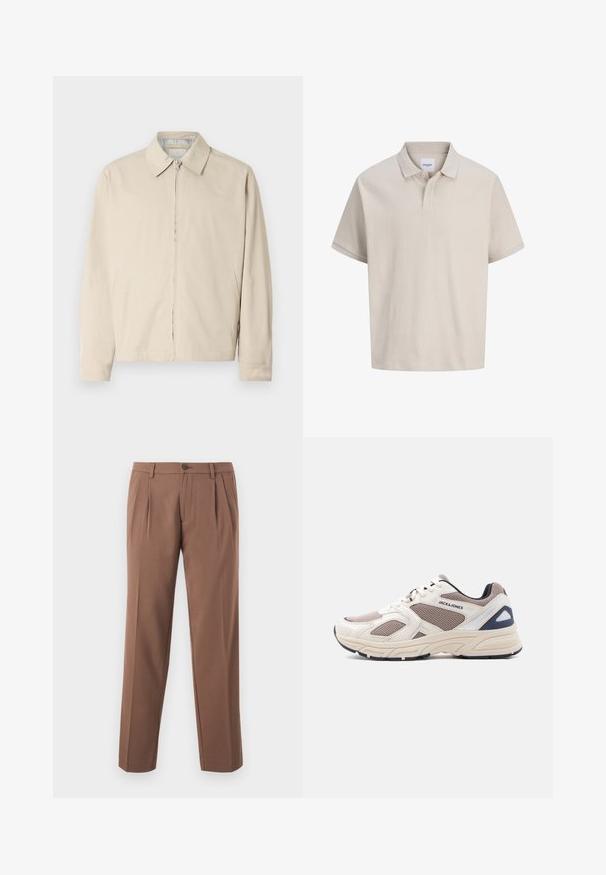 Beige letvægtsjakke med spidse krave, front lynlås lukning og sidelommer. Glat tekstur og enkelt design.; Beige kortærmet polo med subtile lodrette striber, en klassisk krave og en to-knaps stolpe.; Brune plisserede bukser med lige ben-design, der har en enkelt knaplukning og en glat, struktureret stof.; Beige og taupe mesh og syntetisk atletiksko med snørelukning foran, polstret sål og "JACK & JONES" branding på siden.