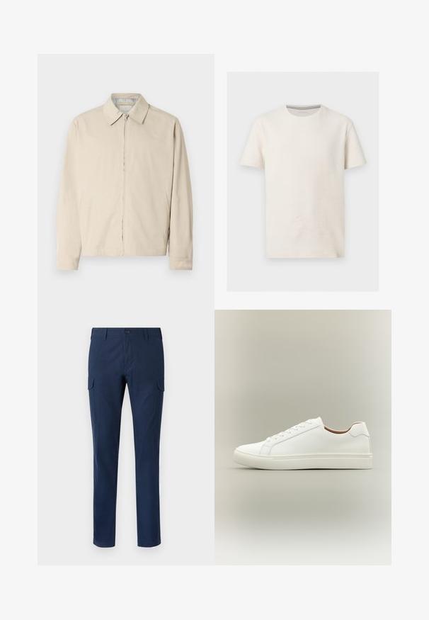 Beige letvægtsjakke med spidse krave, front lynlås lukning og sidelommer. Glat tekstur og enkelt design.; Kortærmet off-white tekstureret bomulds t-shirt med rund halsudskæring og diskret logo på venstre bryst, vist på grå baggrund.; Marine cargo bukser lavet af bomuld, med sidelommer, knaplukning, lige ben og en glat tekstur.; Hvid lavt snøresko med snørelukning og flad sål, vist fra siden på en neutral baggrund.