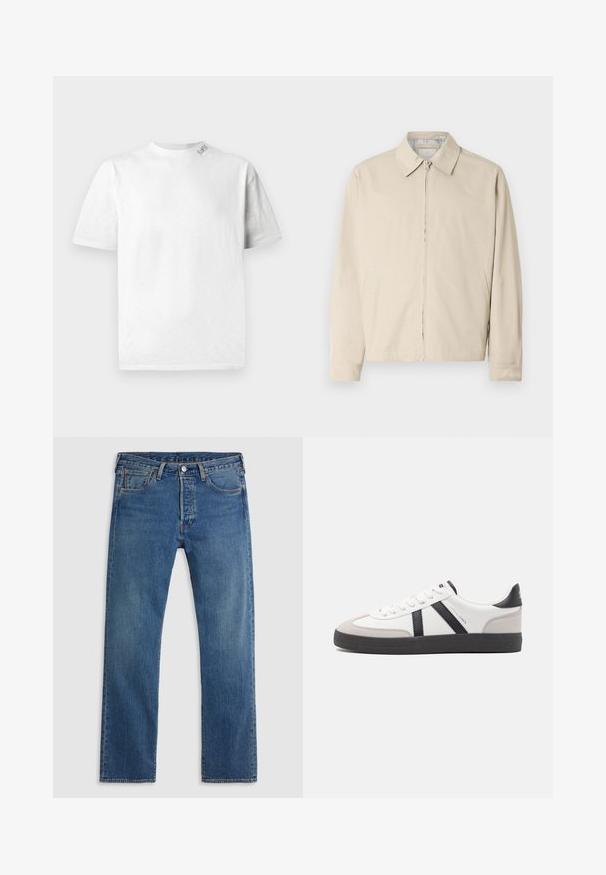 Beige letvægtsjakke med spidse krave, front lynlås lukning og sidelommer. Glat tekstur og enkelt design.; Hvid kortærmet T-shirt med rund halsudskæring, der har en subtil tekstur og en lille logo-detail på venstre skulder.; Blå straight-leg denimjeans med fem lommer, bæltestropper og lukning med knap og lynlås foran på en ensfarvet baggrund.; Hvide sneakers med sorte og grå detaljer, med en tekstureret grå tåhætte, sort gummisål og flade hvide snørebånd. Rent design, minimalistisk stil.