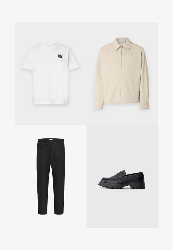 Veste légère beige avec un col pointu, fermeture éclair à l'avant et poches latérales. Texture lisse et design simple.; T-shirt en coton blanc avec un col rond et des manches courtes. L'avant comporte une petite étiquette noire avec du texte et un design rectangulaire.; Pantalons noirs avec une taille élastique, design de jambe fuselée, fermeture à bouton et tissu en coton lisse. Aucun motif ni accent visible.; Mocassins en cuir noir avec un bout arrondi, présentant une sangle décorative et une semelle en caoutchouc épaisse avec de profonds crampons pour une meilleure adhérence.