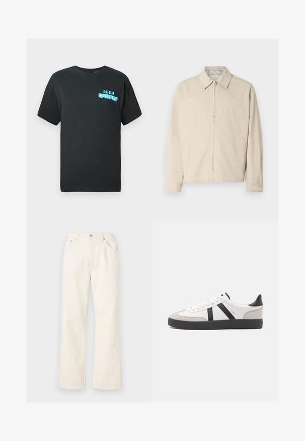 Beige lichtgewicht jack met een puntige kraag, ritssluiting aan de voorkant en zijzakken. Glad textuur en eenvoudig ontwerp.; Zwarte katoenen t-shirt met korte mouwen, voorzien van een blauwe grafische afbeelding met de tekst "IRON MAIDEN" in gestileerde letters aan de voorkant.; Crème kleurige wijde jeans gemaakt van denim, met een standaard vijf-pocket ontwerp en een metalen knoopsluiting bij de taille.; Witte sneaker met zwarte en grijze accenten, voorzien van een grijze neus met textuur, zwarte rubberen zool en platte witte veters. Schoon ontwerp, minimalistische stijl.