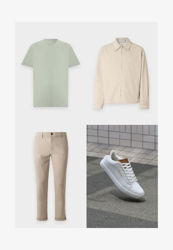 Veste légère beige avec un col pointu, fermeture éclair à l'avant et poches latérales. Texture lisse et design simple.; T-shirt vert clair à manches courtes et col rond avec une texture subtile de rayures horizontales, présenté sur un fond neutre.; Jack & Jones JPSTMARCO FURY NOOS - Chino - atmosphere; Baskets en cuir blanc avec une texture lisse, accent beige au niveau du talon, logo doré sur le côté et semelle en caoutchouc avec une adhérence texturée.