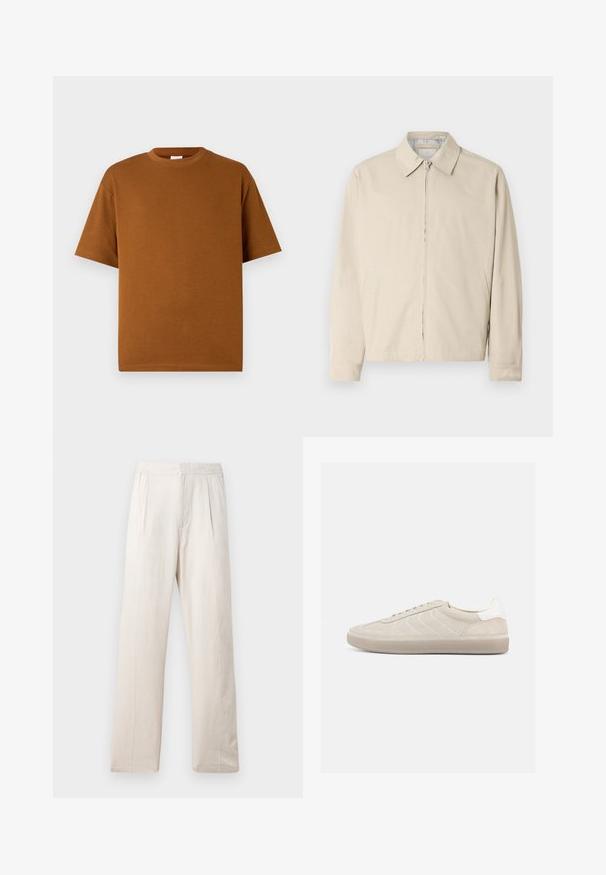 Beige lichtgewicht jack met een puntige kraag, ritssluiting aan de voorkant en zijzakken. Glad textuur en eenvoudig ontwerp.; Bruin t-shirt met korte mouwen, gemaakt van zachte stof, met een ronde halslijn en een ontspannen pasvorm met rechte onderrand. Geen zichtbare patronen of accenten.; Lichtbeige wijde broek gemaakt van textuurstof, voorzien van een elastische tailleband en twee voorkleurplooien voor extra detail.; Beige suède sneaker met een gestructureerd bovenwerk, een gladde witte hielkap, dunne veters en een rubberen buitenzool. Heeft een slank, laag profiel.