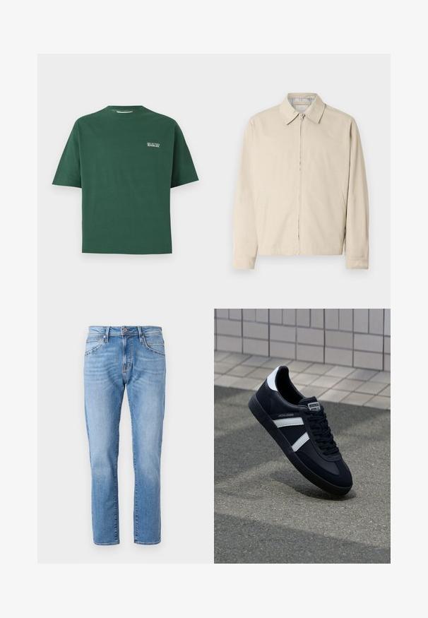 Beige letvægtsjakke med spidse krave, front lynlås lukning og sidelommer. Glat tekstur og enkelt design.; Kortærmet grøn bomulds T-shirt med rund halsudskæring, der har et lille hvidt "SELECTED" logo på venstre bryst.; Lyseblå denimjeans med lige ben, klassisk fem-pocket design, subtilt slid og en kontrastknaplukning i taljen.; Sort lædersneaker med hvide striber, tekstureret gummisål og snørrebånd foran. Har et brandet mærke på tungen.