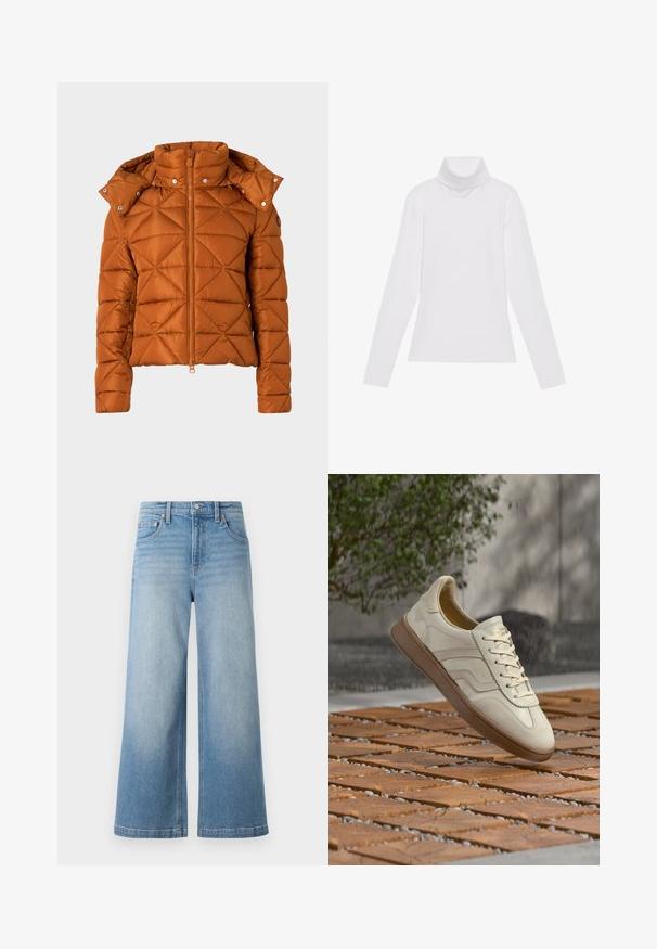 Brun quiltet puffjakke med høj krave, lynlåslukning og trykknapper på hætten. Har diamantformet syning og en cropped design.; Hvid langærmet turtle-neck top lavet af glat, strækbart stof. Har en høj krave og tætsiddende design, uden synlige mønstre eller udsmykninger.; Lyseblå denim bredbenede jeans med høj talje, fem-lomme design, synlig syning og knappelukning foran.; Sneakers i cremefarve med en struktureret beige gummisål, snøredesign og diskret brand på siden. Overdel i glat læder.