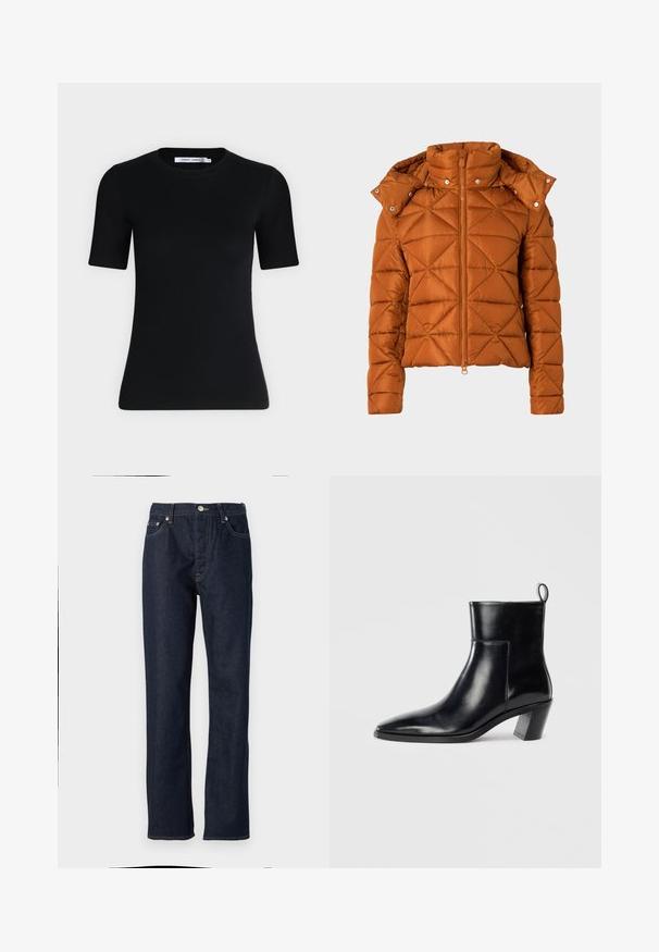Καφέ κουβερτο jacket με πλούσια επένδυση, ψηλό γιακά, κλείσιμο με φερμουάρ και κουμπιά σnaπ στην κουκούλα. Διαθέτει ραφές σε σχήμα διαμαντιού και cropped σχέδιο.; Μαύρο εφαρμοστό T-shirt με κοντά μανίκια, στρογγυλή λαιμόκοψη και ετικέτα μέσα στον γιακά, σε απλό ανοιχτό φόντο.; Σκούρο μπλε τζιν παντελόνι με ίσια γραμμή, διαθέτει κλείσιμο με κουμπί και φερμουάρ, πέντε τσέπες και λεπτομέρειες ραφής σε αντίθεση.; Μαύρη δερμάτινη μπότα με καμπυλωτή μύτη, γεωμετρικό σωρό μέτρου και θηλίτσα στο πίσω μέρος. Λείο υλικό και κομψός σχεδιασμός.