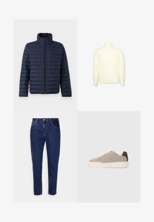 Calvin Klein CHANNELED PUFFER - Ľahká bunda - dark sapphire; Krémový dlhý rukáv s rolákom, s rebrovanými manžetami a jemným logom na hrudi, zobrazený na bielom jednoliatom pozadí.; Tmavomodré rifľové nohavice rovného strihu s predným zapínaním na gombík a zips, s pútkami na opasok a prednými aj zadnými vreckami.; Béžové semišové tenisky s bielou gumovou podrážkou, zdobené tmavozeleným akcentom na päte a jemným brandingom na boku.