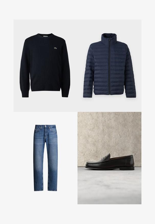 Calvin Klein CHANNELED PUFFER - Übergangsjacke - dark sapphire; Marineblauer Rundhalsausschnitt-Pullover aus weichem Material mit gerippten Bündchen und Saum. Kleines grünes Lacoste-Logo auf der Brust.; Blaue Jeans aus Denim mit geradem Schnitt, fünf Taschen und Reißverschluss. Verfügt über eine leichte Ausbleichung und Nähte entlang der Nähte.; Schwarzer Pennyloafer aus Leder mit niedrigem Absatz, abgerundeter Spitze und genähten Details vorne und an den Seiten, gezeigt vor neutralem Hintergrund.