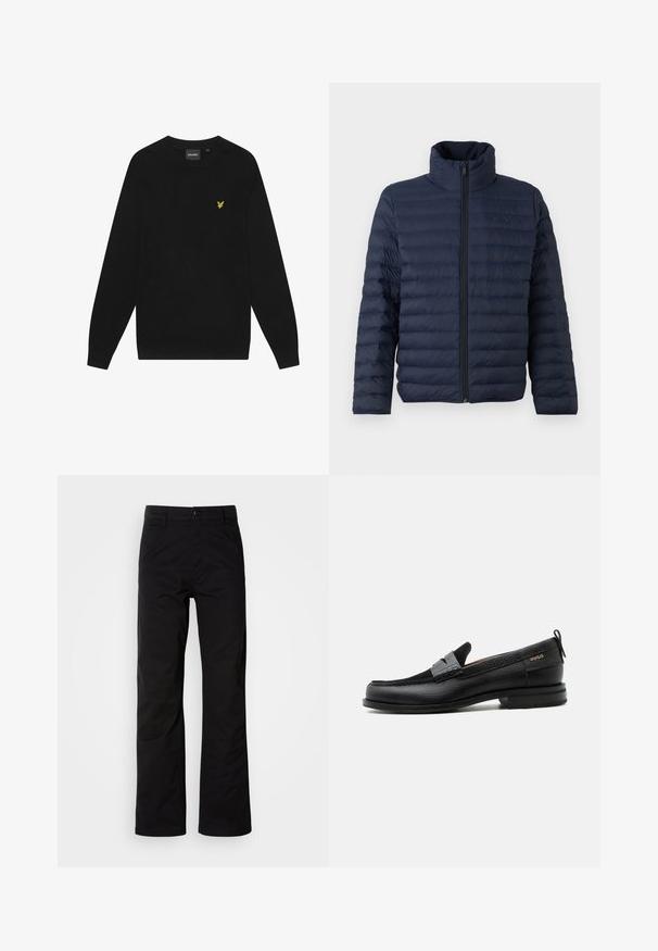 Calvin Klein CHANNELED PUFFER - Ľahká bunda - dark sapphire; Čierna bavlnená mikina s dlhými rukávmi a okrúhlym výstrihom. Obsahuje malú žltú orlovú nášivku na hrudi. Mäkká textúra.; Čierne bavlnené nohavice s rovnými nohavicami, s gombíkovým zapínaním a pútkami na opasok. Hladká textúra a minimalistický štýl bez viditeľných vzorov.; Čierny kožený mokasín so sivým remienkom, nízkym podpätkom a textúrovanou podrážkou, so značkou "HUGO" v zlatej farbe na boku.