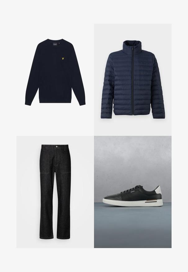 Calvin Klein CHANNELED PUFFER - Ľahká bunda - dark sapphire; Tmavomodrý dlhý rukáv sveter s okrúhlym výstrihom a malým žltým vyšitým logom orla na ľavej hrudi.; Čierne rifľové nohavice so širokými nohavicami, viditeľným prešitím a zapínaním na gombík vpredu. Obsahuje dve bočné vrecká a dve zadné vrecká.; Čierne kožené tenisky s bielou podrážkou, obsahujú perforácie, šnurovací dizajn, logo na boku a kontrastné detaily na päte v bielej a hnedej farbe.