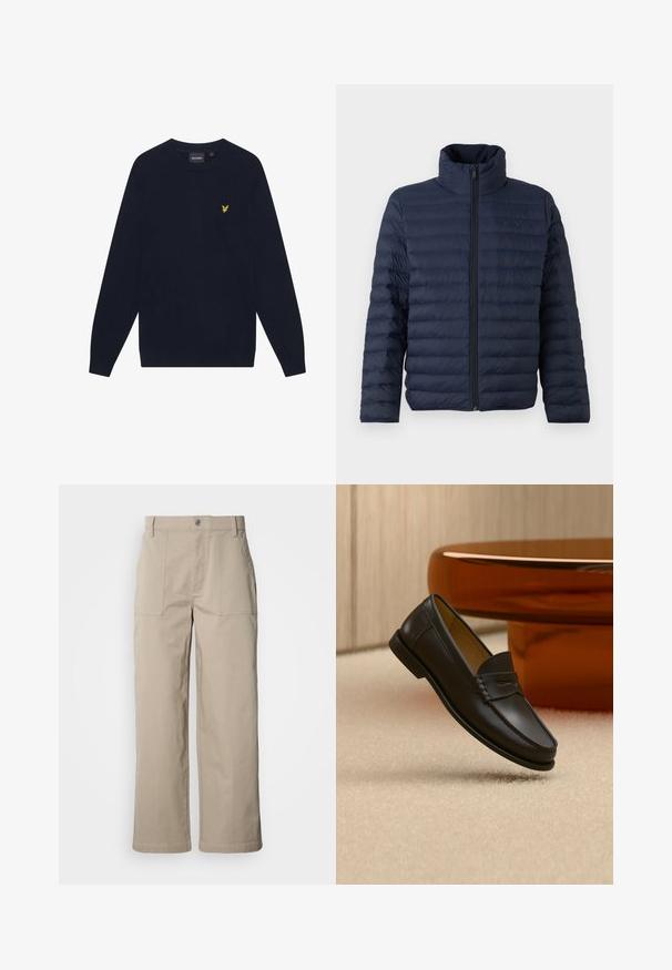 Calvin Klein CHANNELED PUFFER - Ľahká bunda - dark sapphire; Tmavomodrý dlhý rukáv sveter s okrúhlym výstrihom a malým žltým vyšitým logom orla na ľavej hrudi.; Béžové nohavice s širokými nohavicami z bavlny; majú predné nášivkové vrecká, zapínanie na gombík a viditeľné prešívanie pozdĺž lemov.; Čierny kožený mokasín zavesený nad béžovým kobercom s moderným nábytkom farby jantáru v pozadí.