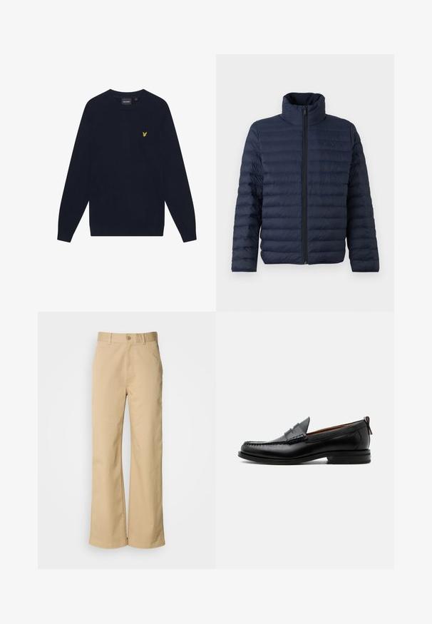 Calvin Klein CHANNELED PUFFER - Overgangsjakke - dark sapphire; Mørkeblå langærmet crew neck sweater med et lille gult broderet ørnelogo på venstre bryst.; Beige, vidde bukser lavet af en bomuldsblanding. Har en knaplukning og bæltestropper. Glat tekstur med minimale syninger.; Sort læder herre loafer med moc-tå syning, penny strop, struktureret krave og lav stablet hæl på hvid baggrund.