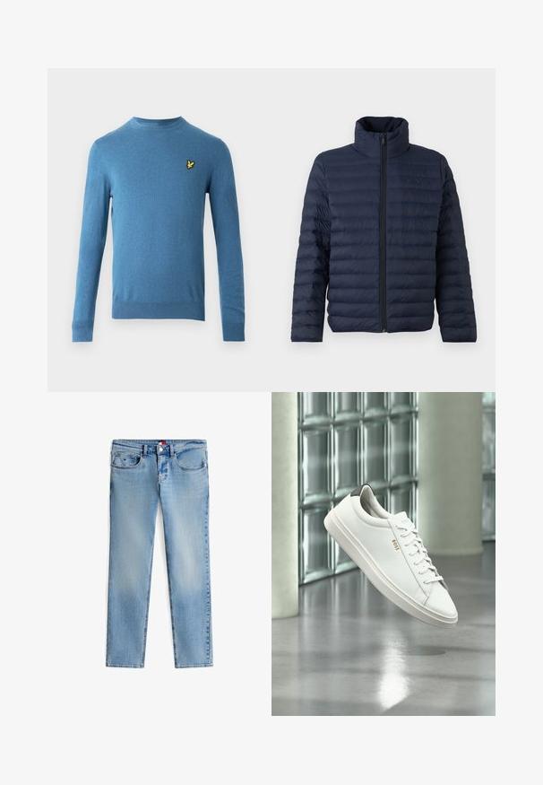 Calvin Klein CHANNELED PUFFER - Ľahká bunda - dark sapphire; Modrý pletený sveter s dlhými rukávmi, okrúhlym výstrihom a malým žltým logom vtáka na ľavej strane hrude. Hladká textúra a priliehavý strih.; Svetlomodré rifle s rovnými nohavicami, predným zapínaním na gombík a zips, dizajnom s piatimi vreckami a jemným vyblednutím na stehnách a kolenách.; Biela kožená teniska s nízkym strihom, šnúrkami, čiernou pätovou záložkou a logom „BOSS“, ktorá visí vo vzduchu v interiéri pri stene zo sklenených blokov a leštenej podlahe.