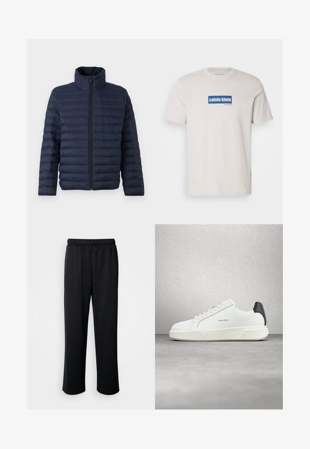 Calvin Klein CHANNELED PUFFER - Ľahká bunda - dark sapphire; Biela bavlnená tričko s modrým obdĺžnikovým logom, na ktorom je v bielom texte "calvin klein" a "new york city" na prednej strane. Klasický strih.; Čierne športové nohavice vyrobené z mäkkého, priedušného materiálu. Majú elastický pás a rovné nohy bez výrazných akcentov alebo vzorov.; Biele tenisky s hladkým koženým zvrškom, plochými šnúrkami a vyvýšenou bielou podrážkou. Sú doplnené čiernym akcentom na päte a vyrazeným logom.