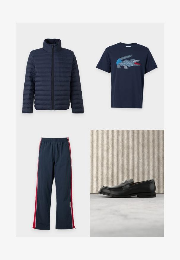 Calvin Klein CHANNELED PUFFER - Ελαφρύ μπουφάν - dark sapphire; Lacoste Μπλουζάκι με στάμπα - dark blue; Ναυτικές αθλητικές παντελόνες με ελαστική μέση και κόκκινες πλευρικές ρίγες. Διαθέτουν λευκή περιτύλιξη και φερμουάρ στο ύψος του αστραγάλου για ρυθμίσεις. Ελαφρύ υλικό.; Μαύρο δερμάτινο μοκασίνι με μεταλλική πλάκα μάρκας που ακουμπά δίπλα σε καφέ στρογγυλό τραπέζι πάνω σε μπεζ χαλί.