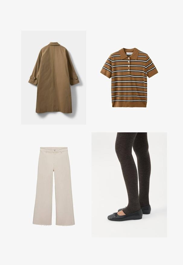 Bruine trenchcoat met een kraag, raglanmouwen en knoopmanchetten. Beschikt over een gladde textuur en een middellange ontwerp.; Bruin poloshirt met korte mouwen, voorzien van zwarte en witte horizontale strepen en vier witte knopen aan de voorkant.; Beige wijde jeans met een hoge taille, gemaakt van denimstof. Heeft een rauwe zoom aan de onderkant en een sluiting met een knop en rits aan de voorkant.; Benen met donkere geribbelde leggings gecombineerd met zwarte ballerina's met kleine strikdetails op een witte achtergrond.