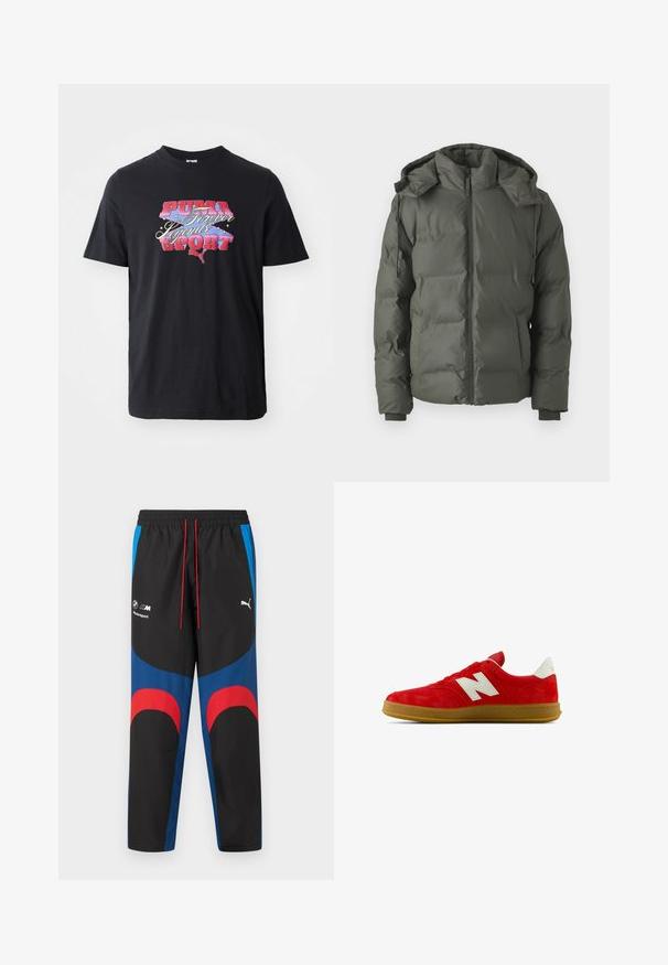 Puffjakke i mørkegrøn med hætte, lynlås foran, elastiske manchetter og glat tekstur med quiltet polstring.; Sort kortærmet t-shirt lavet af bomuld, med et farverigt grafisk print med teksten "PUMA Forever Legends SPORT."; Sorte, blå og røde BMW Motorsport Puma træningsbukser med elastisk taljebånd, røde snore og logoer på øvre lår.; Rød ruskinds sneaker med hvidt logo, der har gummisål, snørebåndsdesign og polstret ankel for støtte.
