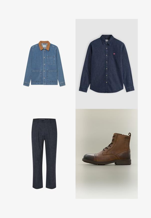 Denimjakke med en brun ruskindsfarve krave, lange ærmer, fortil knaplukninger og to store frontlommer. Har en brystlomme.; Mørkeblå denim skjorte med lange ærmer, knapper for, spids krave og lille rødt Levi's-logo på venstre bryst.; Mørkeblå bukser lavet af tekstureret stof, med flad front, knaplukning og lige ben med subtile, lyse mønstre.; Brun læderstøvle med snørebånd, sort tåhætte, rund sål og mærket detalje på siden mod ensfarvet baggrund.
