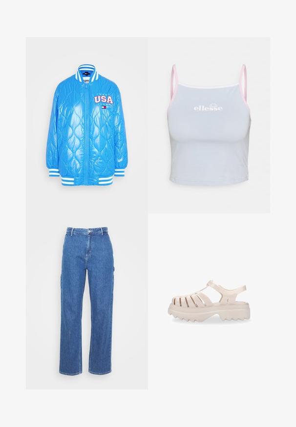 Blau gepolsterte Bomberjacke mit gestepptem Muster, geripptem Kragen und Bündchen. Mit "USA" Stickerei in Rot und Weiß auf der Vorderseite.; Hellblaues, kurzes Tanktop mit dünnen pinken Trägern und weißem Logo. Hergestellt aus glattem Stoff, zeichnet sich durch ein schlichtes Design und eine taillierte Passform aus.; Blaue High-Waist-Jeans mit geradem Bein, ausgestattet mit einem Frontknopfverschluss und seitlichen Taschen. Glatte Textur und keine sichtbaren Muster.; Melissa POSSESSION - Plateausandalette - light beige