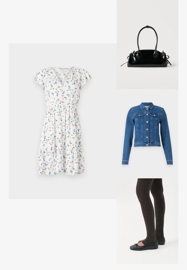 Chaqueta de mezclilla azul, diseño corto, mangas largas, cierre de botón plateado, dos bolsillos en el pecho, costuras estructuradas y ligera textura deslavada.; Vestido floral con una tela blanca y coloridos estampados florales, mangas cortas acampanadas, escote en V y cintura fruncida.; Piernas con leggings oscuros acanalados combinados con bailarinas negras que presentan pequeños detalles de lazo sobre un fondo blanco.; Pequeño bolso negro brillante con dos asas largas y detalles de cordón lateral sobre un fondo claro liso.