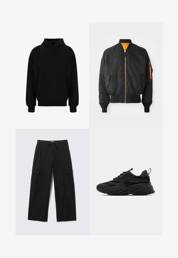 Zwarte bomberjack met gouden rits, ribbelmanchetten en een oranje voering. Bevat een zijzak en een gemarkeerd rood etiket op de mouw.; Zwarte pullover hoodie met een voorzak, ribgebreide manchetten en zoom. Gemaakt van zachte stof; heeft een relaxed fit en een verstelbare capuchon.; Zwarte cargo-broek met brede pijpen, voorzakken, dijbeenzakken met kleppen, riemlussen en een taille met trekkoord, plat uitgestald op een witte achtergrond.; Zwarte sportieve sneakers met een chunky zool, mesh panelen en rubberen accenten. Voorzien van een trekband aan de hak en gestructureerde patronen.